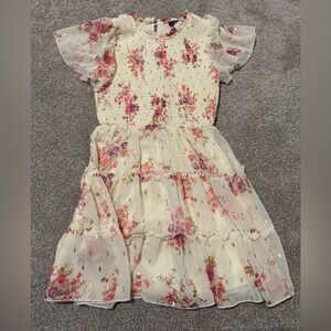 Zunie Cream Floral Tiered Kids Dress with Pink and Gold Accents